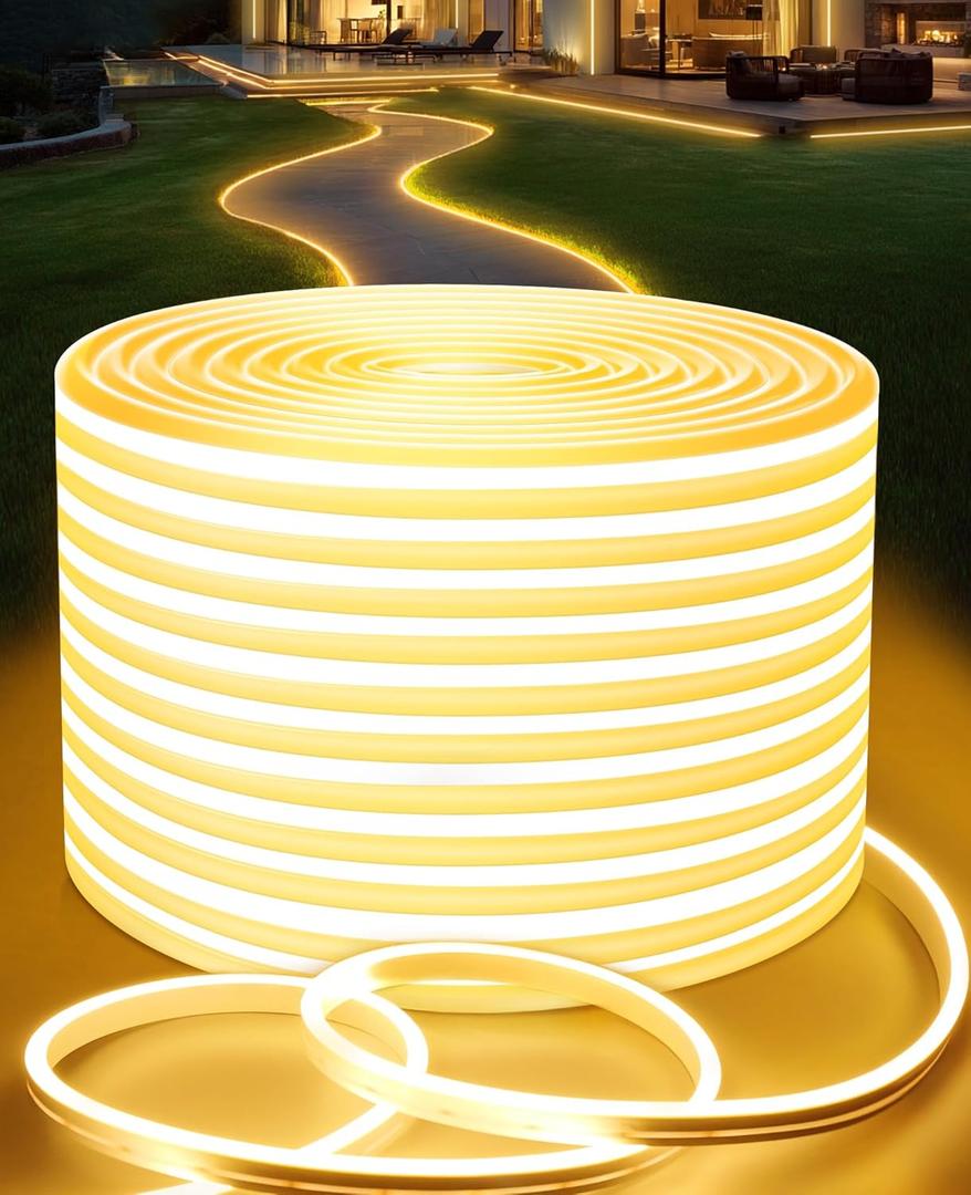 Lamomo Neon Rope Lights 65.6Ft, Waterproof Warm White LED Strip Lights, 3000K Silicone Flexible Cuttable 24V Led Lights for Bedroom, Outdoor,Indoor, Kitchen, DIY Design, Cabinet
