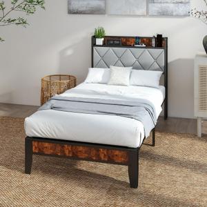 Twin Bed Frame, Platform Bed Frame with Storage Headboard with Charging Station, All Sturdy Metal Support, No Box Spring Needed, Easily Assemble, Grey + Brown