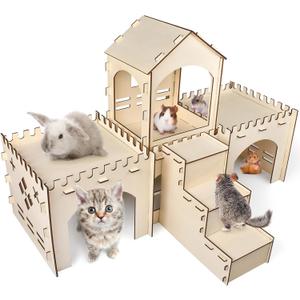 Bissap Wooden Rabbit Hideout Castle, Extra Large Bunny Houses and Hideouts Indoor Outdoor Rabbit Hidey Habitat for Bunnies Chinchillas Hamsters Guinea Pigs Detachable Small Animal Play Hideaway Hut