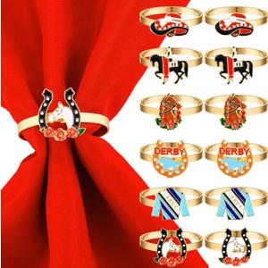 Landical 12 Pcs Derby Napkin Rings Set Metal Derby Horseshoe Ring Enamel Race Horse Riding Suit Napkin Holder Buckles Rose Horse Race Day Table Decoration Party Table Place Settings Supplies