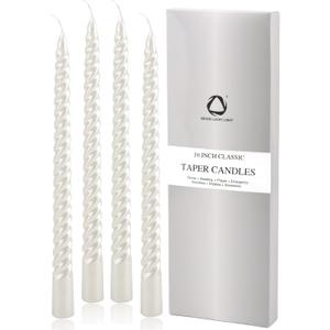 SEVEN LUCKY LIGHT 10 Inch Spiral White Taper Candles Set of 4, Metallic Finish Dripless Candlesticks, 8+ hrs Smokeless Clean Burning for Christmas, Home, Dinner, Wedding & Church Decor