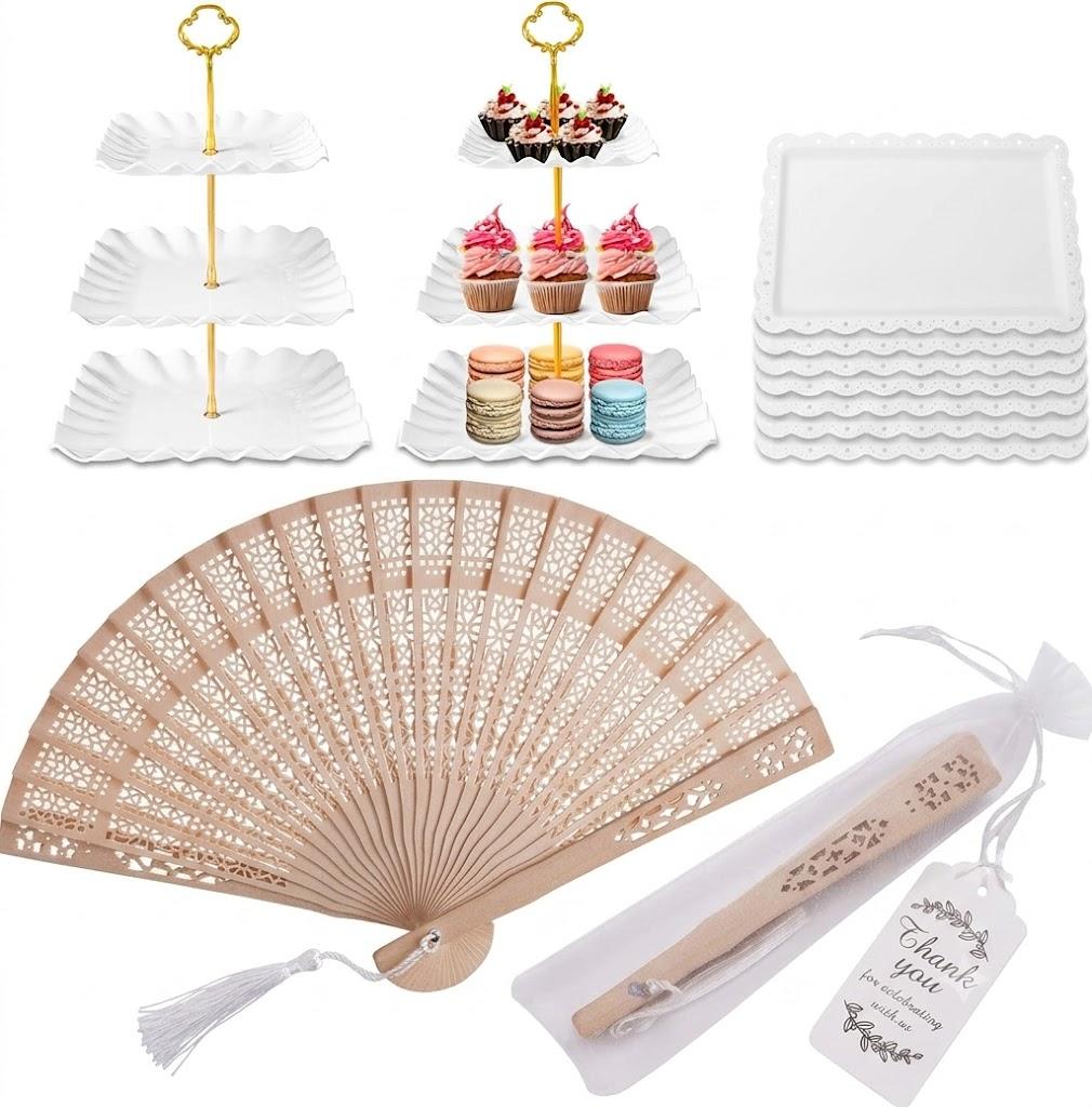 50 Sets Wooden Hand Fan Wood Handheld Folding Fans with Organza Bags and Thank You Tag and Tassels Wedding Party Favors And 10 Pack Dessert Table Display Set, 4 Three-Tier Square Cupcake Stands and 6 Serving Trays for Cakes, Cupcakes, Pastries and Snacks, Baby Shower Decorations, Bridal Shower, Birthday, Wedding Party