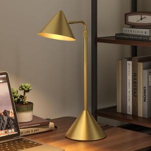 HISEEGO Metal Desk Lamp, 3000k Soft Light Modern Desk Lamp with Dimmer Switch, Adjustable Lighting with Swivel Arm Reading Lamp for Bedside Table, Office Desk, Task Light, Living Room (Gold)