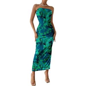 PRETTYGARDEN Women's Summer Wedding Guest Dress Strapless Tube Top Maxi Bodycon Long Floral Mesh Beach Vacation Party Dresses (Medium, Green Big Floral)