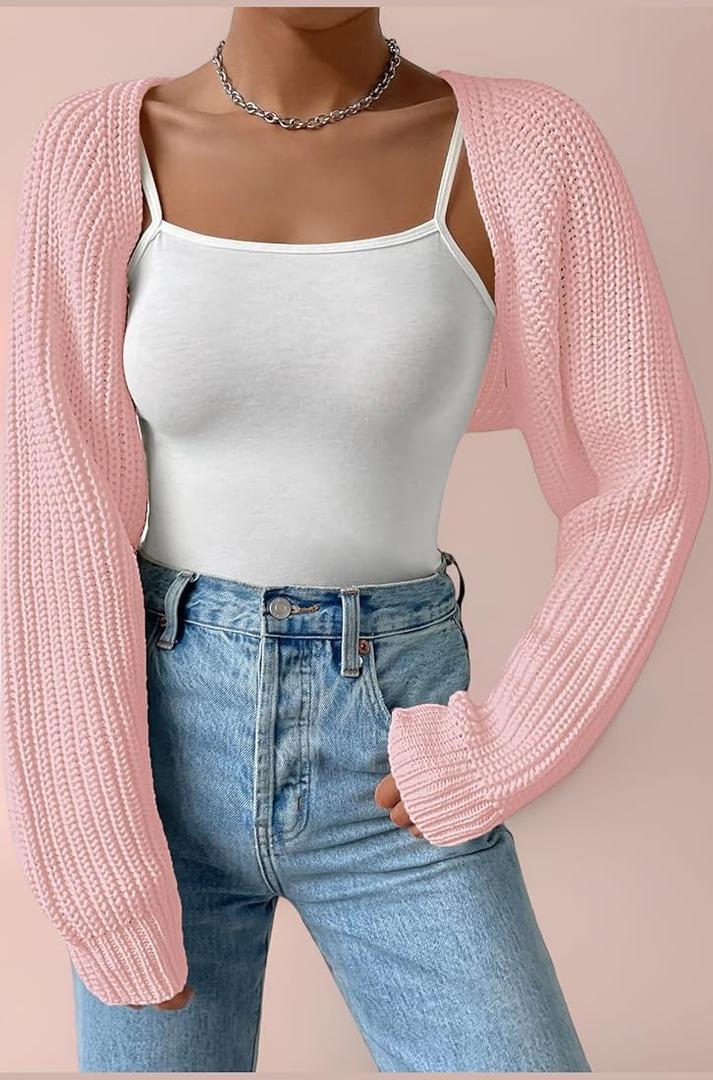 Verdusa Women's Y2k Cropped Cardigan Sweaters Lightweight Knit Open Front Bolero Shrugs Spring Fall Outfits (M, Pink
