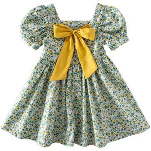 Toddler Girls Floral Dress Square Neck Puff Sleeve A-Line Smocked Dress with Bag Toddler Girls Summer Outfits (18-24 Months, Green-no Bag)