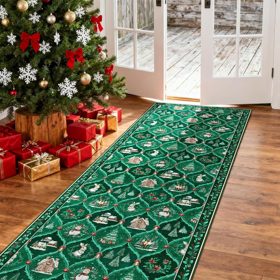 Dadasgk Christmas Runner Rug 2x6 Red Runners for Hallways,Kitchen Rugs Non Slip Washable Entryway Carpet Runner,Soft Christmas Tree Santa Claus Runners for Bathroom Bedside Holiday Decor(2'x6',Green) (Xmas Green Multi)