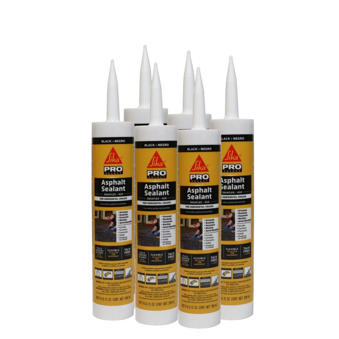 Sikaflex-410 Asphalt Sealant, Black, self-Leveling Hybrid sealant for Filling Cracks, for Private Asphalt driveways, roadways, Pavement, 9 fl.oz. Cartridge (Pack of 6)