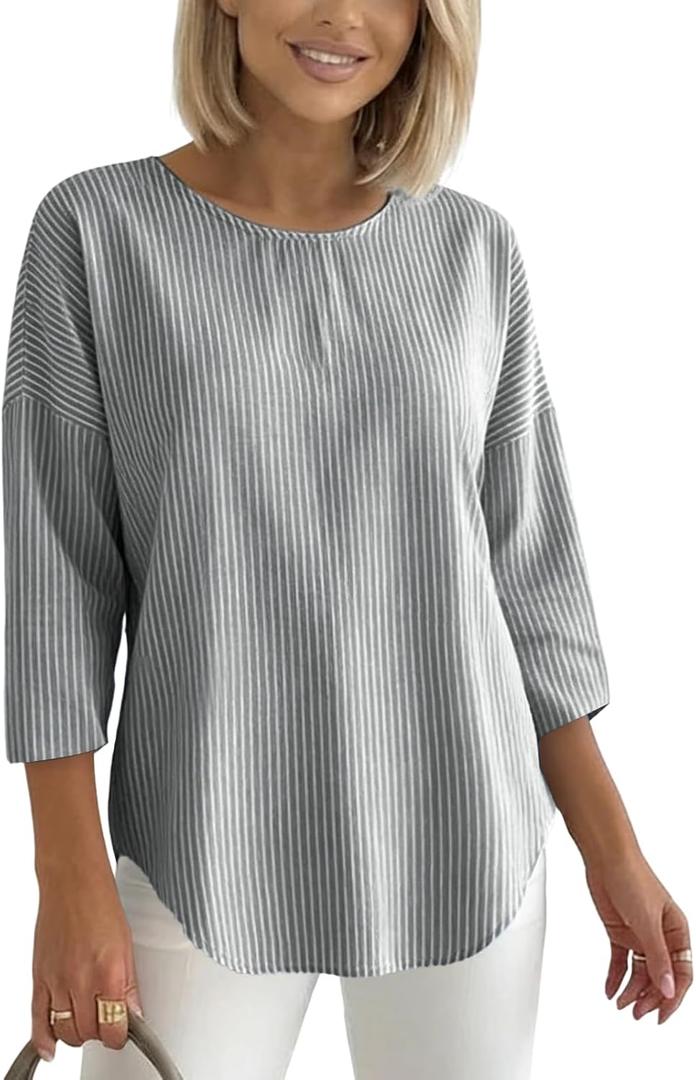 Women's 2026 Summer 3/4 Sleeve Tops Casual Striped T Shirts Crewneck Loose Office Work Shirts Cotton Blouses (Gray, M)