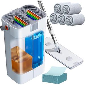 POPMOP Mop and Bucket Set, Flat Mop and Bucket System, Mop Bucket with Wringer, Wall Mop with Adjustable Handle (Max 61 Inches), 5 Washable Microfiber Mop Pads