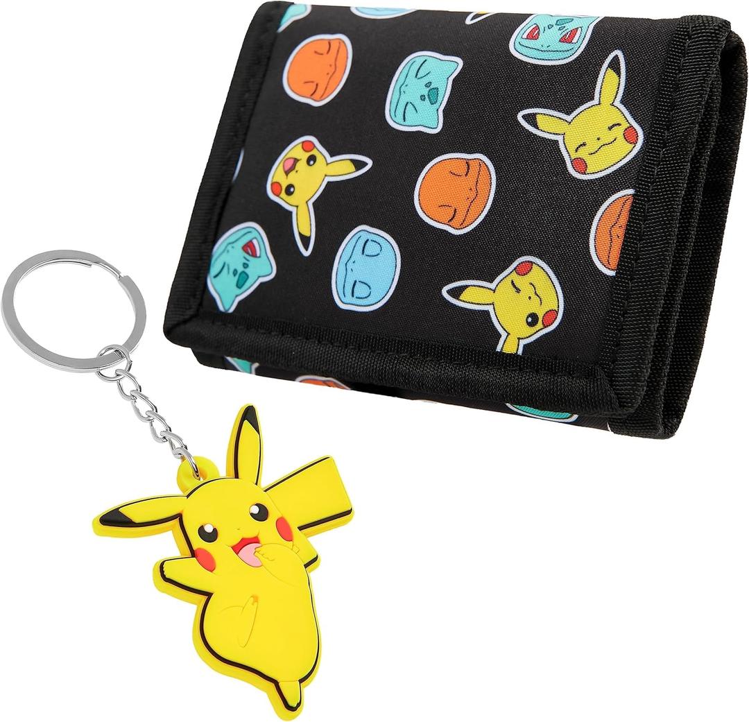 Pokemon Wallet and Keychain Set for Kids Trifold Wallet with ID Pocket Card Slots Zipper Coin Purse Pikachu Anime Gifts for Boys (Black/Yellow)