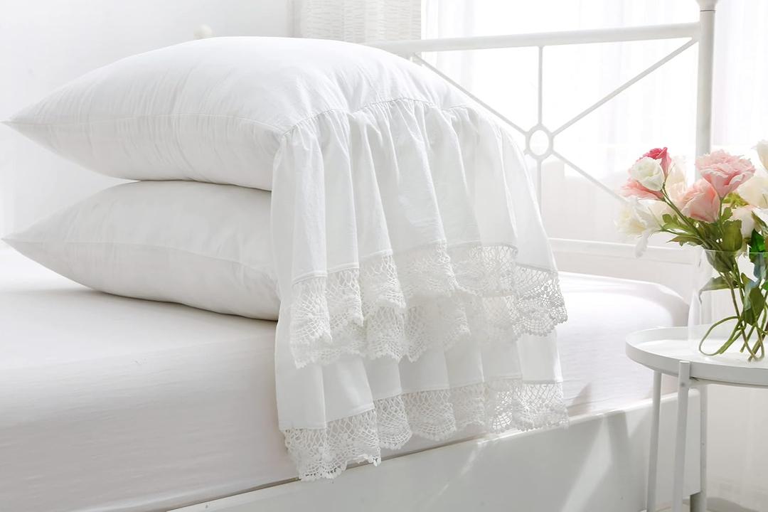 Ivory White Pillowcases with Eyelet Crocheted Lace Ruffles Pillow Shams Cotton Queen Size 20"X30" 2-Pack