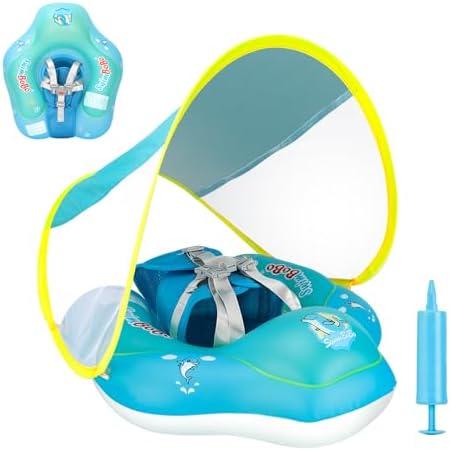 Free Swimming Baby Inflatable Baby Swim Float with Sun Canopy Size Improved Infant Pool Floaties Swimming Pool Toys for The Age of 3-36 Months