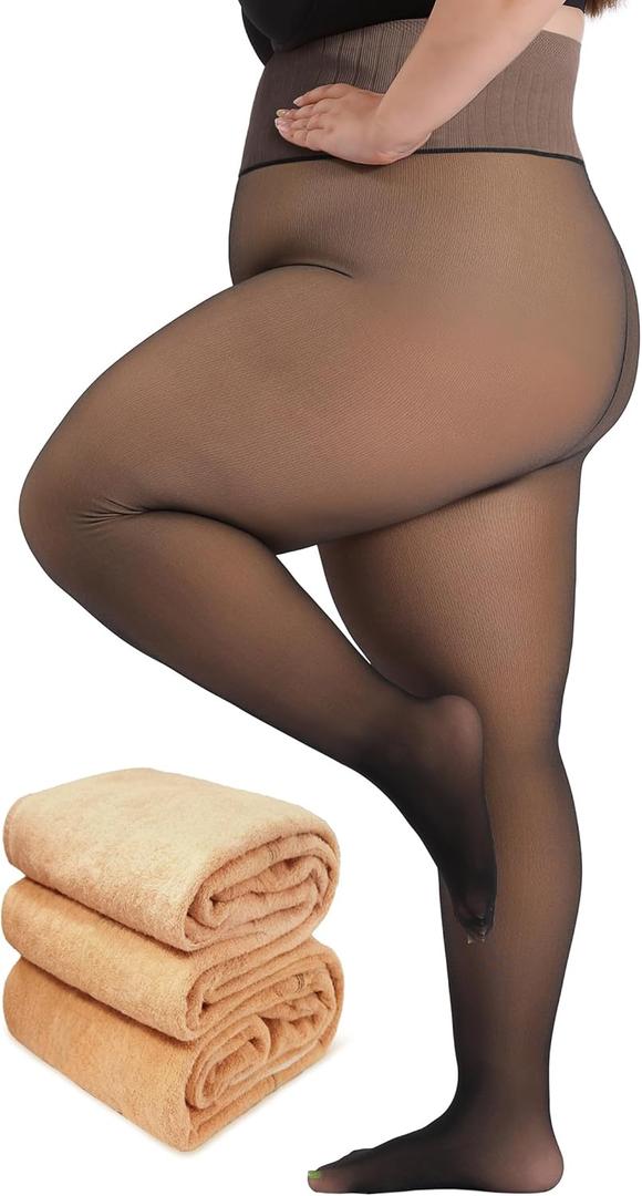 Plus Size Fleece Lined Tights Women, Control Top Thermal Tights for Women, Fake Translucent Winter Warm Tights (5X-6X)