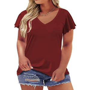 ROSRISS Womens Plus-Size Tops Summer Ruffle Short Sleeve Shirts Casual V Neck Tunics 2XL 