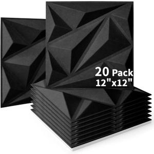 Art3dwallpanels Acoustic Panels 20 Pack Soundproof Wall Panels Acoustic Foam Sound Dampening, 3D Sound Absorbing, 12" X 12", Black (Black without tape)