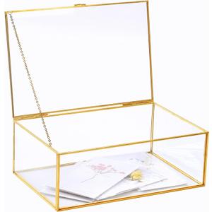 Large Golden Vintage Lidded Glass Box, Edge Bracelet Decorative Jewelry Display Box, Rings Bracelet Organizer Home Decor(10.8x7x3.9 inch)