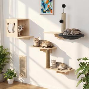 Cat Wall Shelves, Wooden Multi-Level Cat Climbing Furniture, House, Steps, Sisal Scratcher, Perches Bed & Ball, Space-Saving Wall Mounted Cats Shelves for Play & Rest (4-in-1 Cat Shelves)