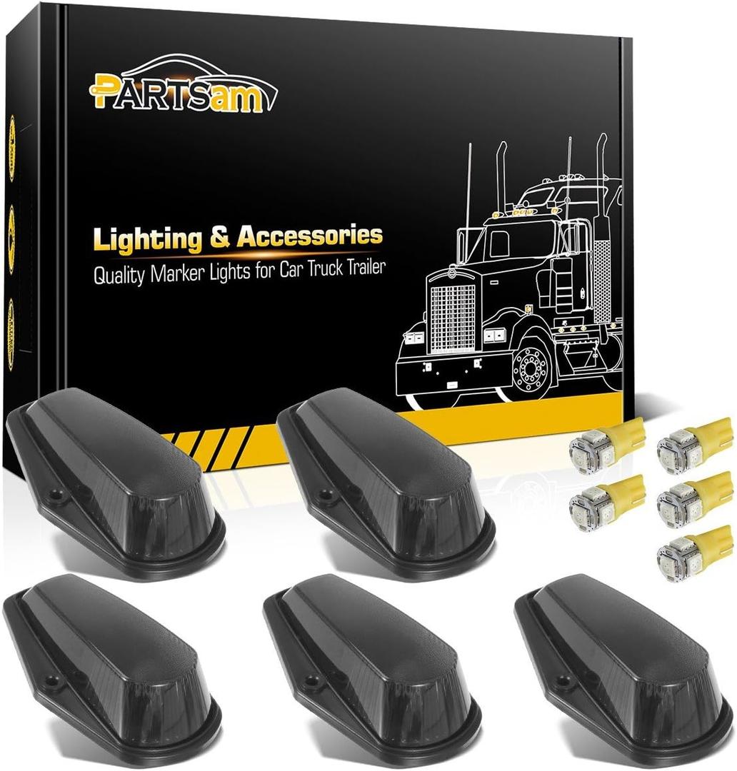 Partsam 5X Cab Marker Lights Roof Running Lamps Black Lens Covers + 5050 Amber 194 168 T10 LED Bulbs Compatible with Ford F150 F250 F350 1973-1997 F Series Super Duty Pickup Trucks