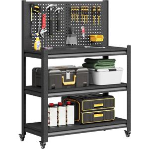 Workbench with Pegboard, Adjustable Heavy Duty Work Table with Wheels, Heavy Duty Workstation, Metal Tool Work Bench for Garage Warehouse Workshop, 48" H x 18" D x 34" W, Black