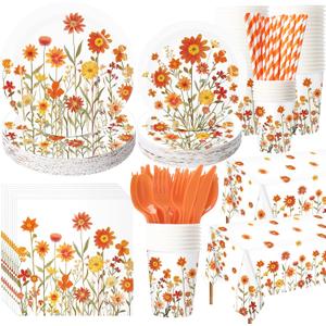 452 Pcs Party Supplies Serve 50 Guests, Paper Plates Napkins Cups Cutlery Plastic Tablecloth Dinnerware for Birthday Wedding Party Decoration(Orange Floral,Fall Floral)