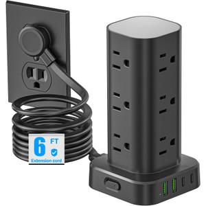 Tower Power Strip with Surge Protector - 12 AC Outlets & 4 USB Ports (2 USB-C), 6FT Extension Cord, Charging Station Tower for Home Office Dorm Travel (Black)
