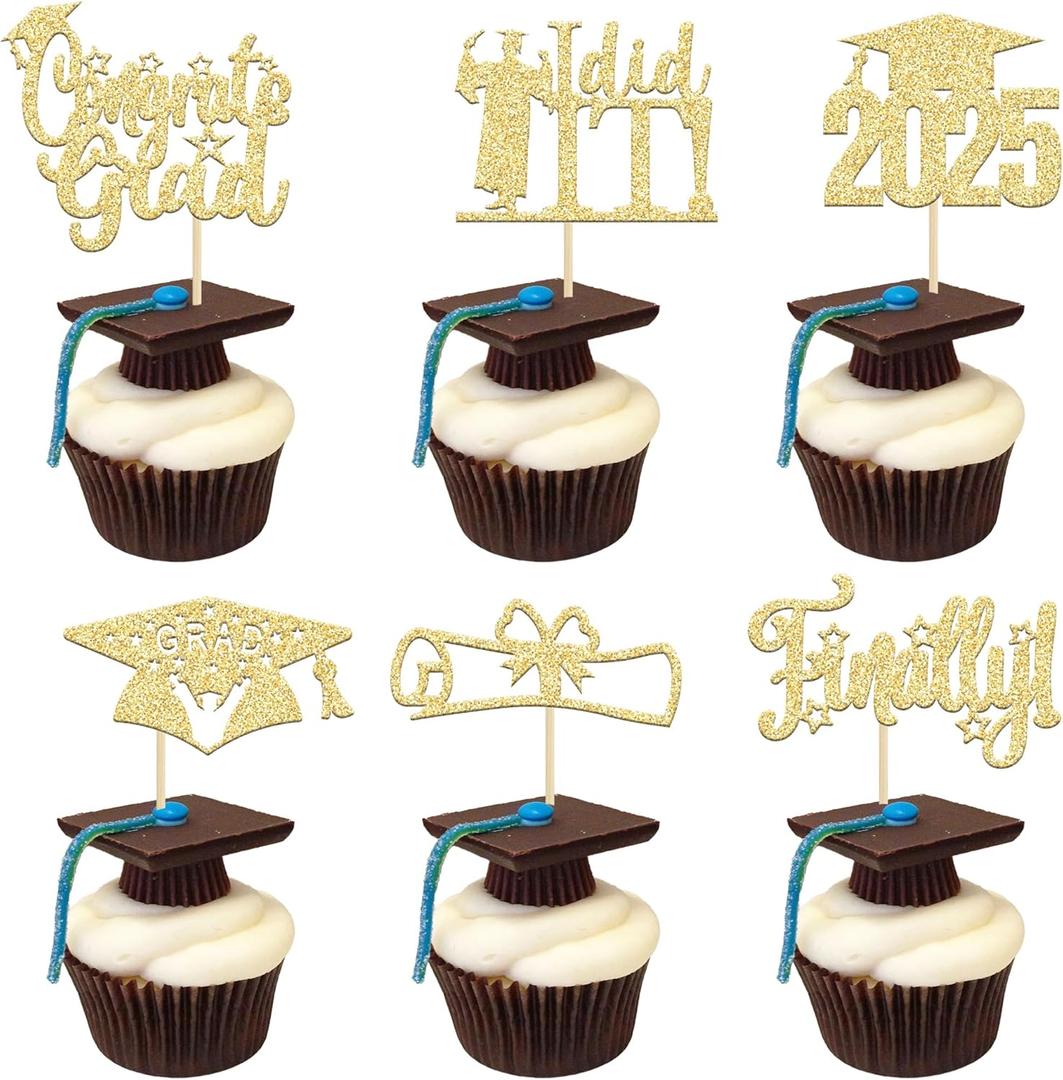 24 Pack 2025 Graduation Cupcake Toppers Gold Glitter Finally I Did It Done Diploma Grad Cap Cupcake Picks 2025 Grad Cap 2025 Cake Decorations for 2025 Graduation Party Decorations