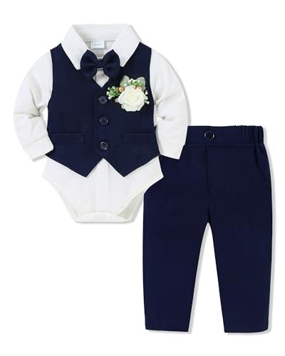 SANMIO Baby Boy Clothes Suits Infant Gentleman Outfit Collared Dress Shirt+Vest+Tie+Corsage+Pants 5Pcs Baby Suit Sets Size 6-12M
