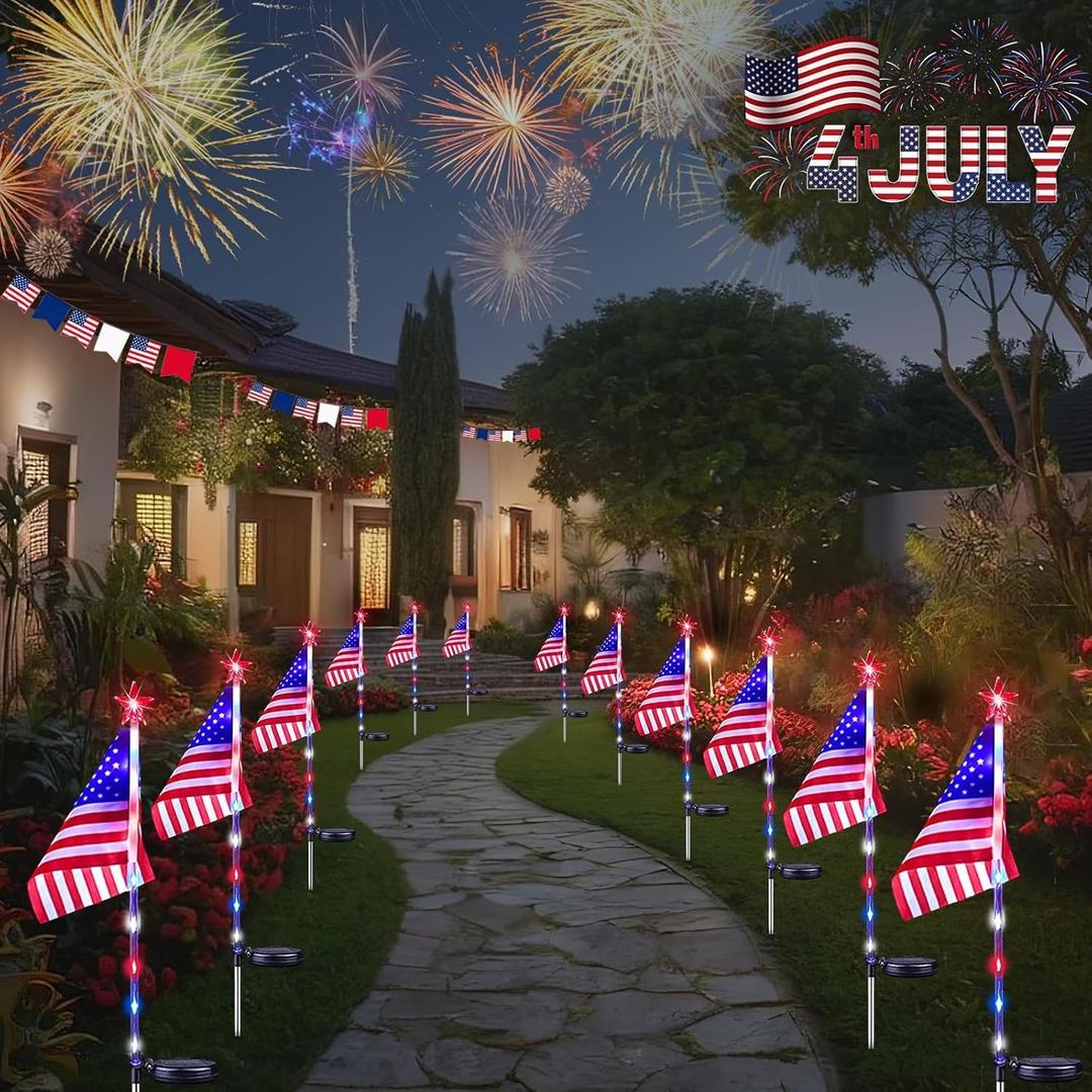 4th of July Decorations Outdoor Solar Lights, 12 Pack Red White and Blue American Flag Star Lights for National Day, 2 Modes Waterproof Solar Patriotic Light for Independence Memorial Day Yard Pathway
