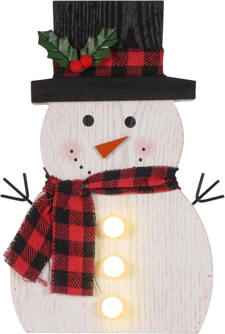 Christmas Decorations for Home LED Lighted Snowman Decor with Timer Farmhouse Merry Christmas Sign Wooden Rustic Red Plaid Scarf Tabletop Xmas Holiday Signs Party Indoor Room