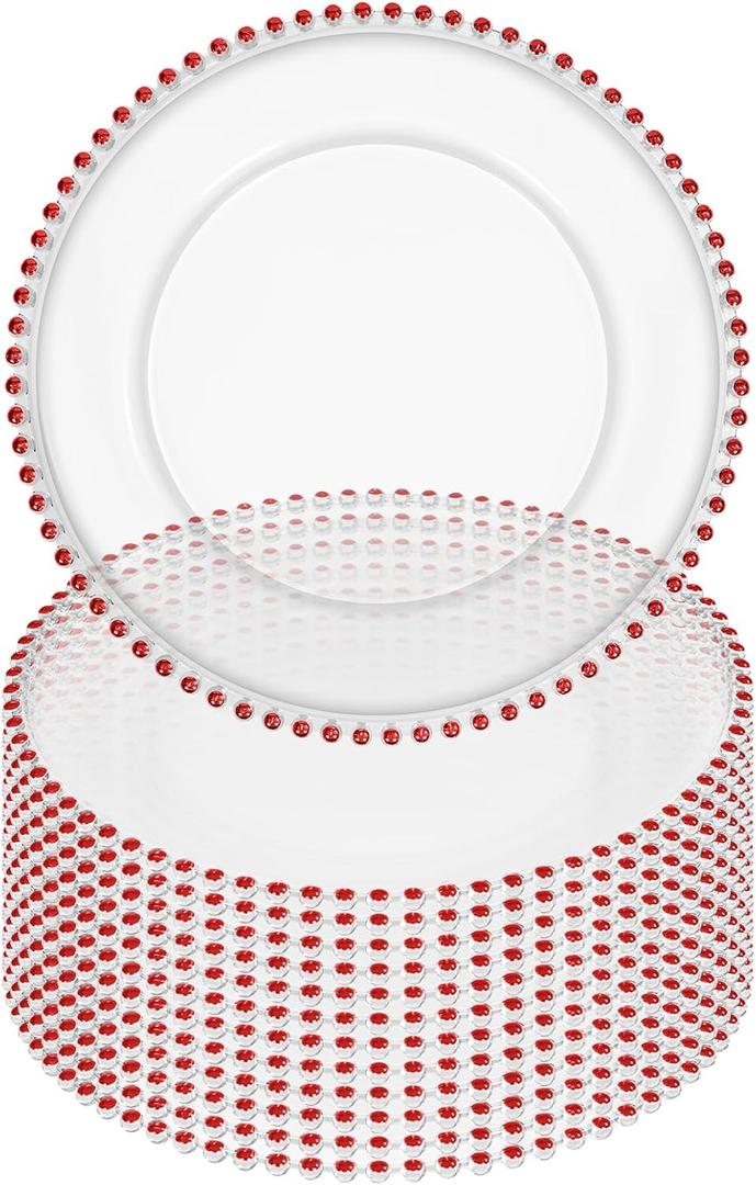 12 Pack Clear Charger Plates Bulk Wedding, 13 Inch Plastic Round Dinner Chargers with Red Beaded Rim, Acrylic Round Decorative Plates for Wedding Party Home and Tabletop Decor (Red), 12 Pcs