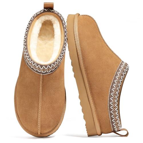 Bebealy Genuine Suede Fuzzy Slippers for Women Winter Warm House Shoes Cozy Mini Boots for Indoor Outdoor, Chestnut 37