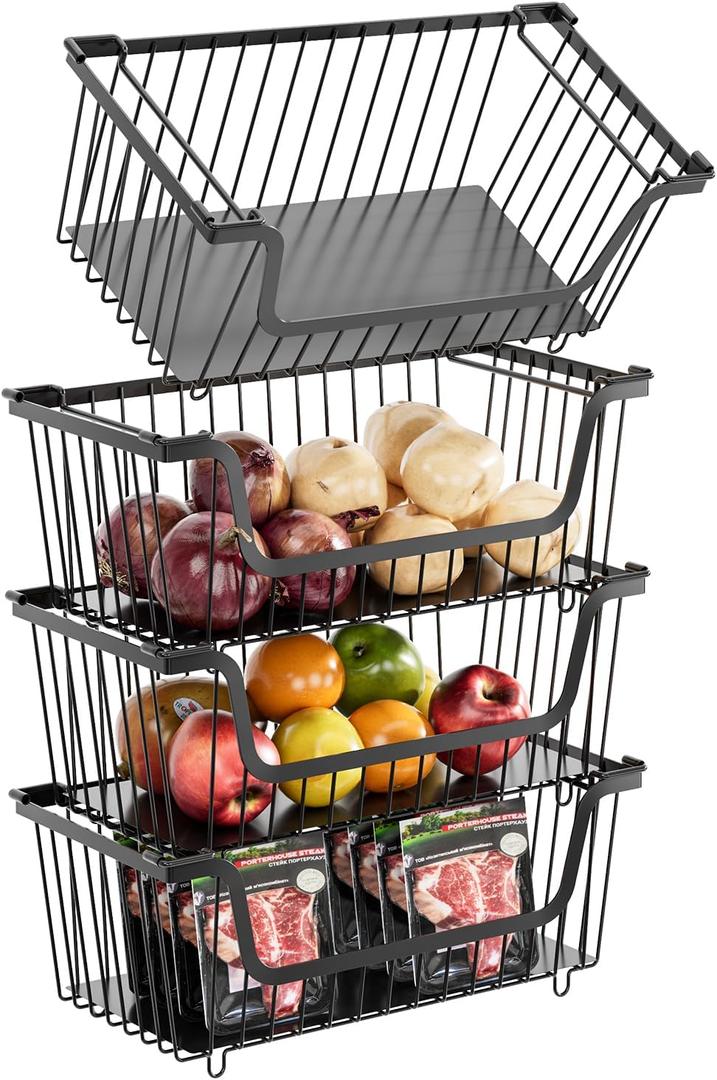 4 Pcs Stackable Wire Baskets for Pantry Organizers and Storage,Vegetable Fruit Basket for Countertop,Kitchen Storage Metal Baskets,Produce Potato Onion Storage Bin,Black