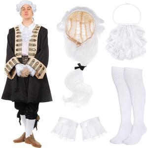 Funtery Washington Costume Founding Father Colonial Historical Judge Halloween Cosplay Accessories White Powdered Wig Jabot Collar Socks for Men Adult