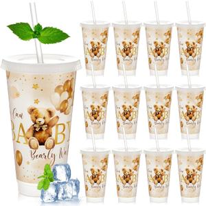 Frienda 12 Pcs Baby Shower Cups 24 oz Bear Plastic Cup with Lid and Straw Reusable Bear Tumbler for Baby Shower Supplies Gender Reveal Party Favors Decoration