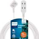 Philips 2-Pack Indoor Extension Cord Power Strip 15 ft, Flat Plug with Multiple Outlets, 2 Prong, White, ETL Listed, SPS3185W/37