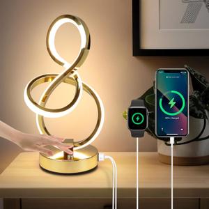 Modern Table Lamp, LED Bedside lamp with USB C+A ports, Touch Stepless Dimmable Nightstand lamp, Unique Spiral Table lamp for Bedroom Living Room Home Office, Spiral lamp for Ideal Gift, Gold