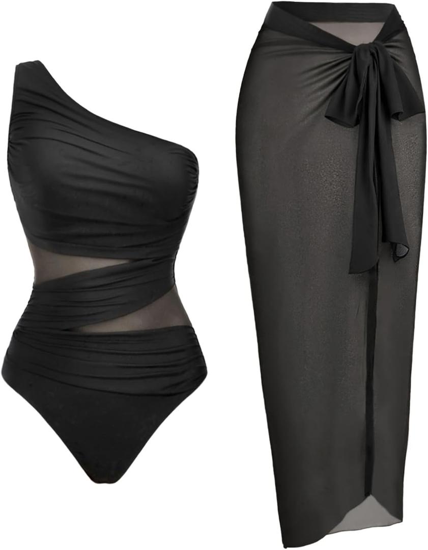 Aqua Eve Womens One Piece Swimsuits - Tummy Control One Shoulder Bathing Suit Cut Out Swimwear 2026 (Black, S)