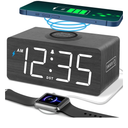 DreamSky Wooden Digital Alarm Clock with Wireless Charging for Bedroom, Bedside Nightstand Clock with Charger Station, USB Port, Large Numbers, Adjustable Volume, Brightness Dimmer, DST