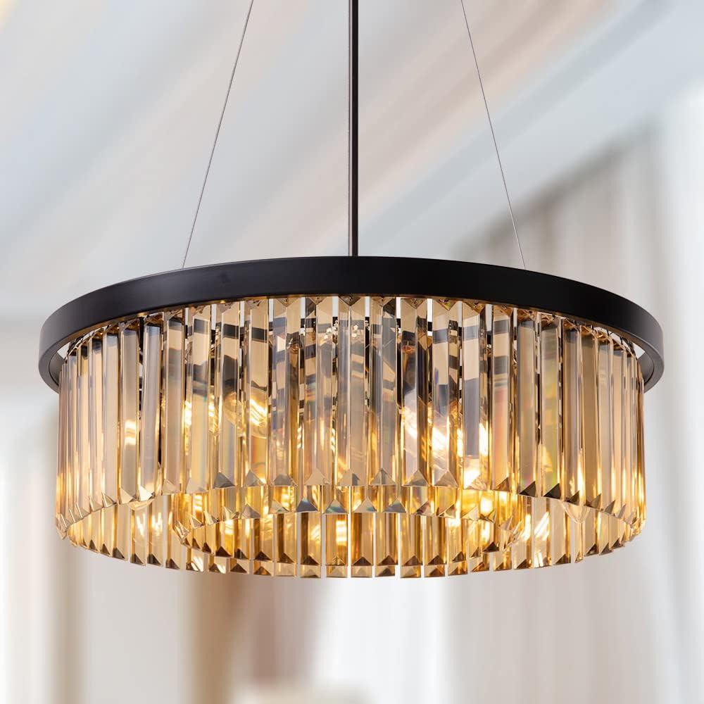 Wellmet Crystal Chandeliers for Dining Room Light Fixture, 6 Lights Farmhouse Chandelier, Modern Pendant Lights for Living Room, Kitchen Island, Bedroom, entryway, Hallway, Gold Teak, W-21.66, 21.65"