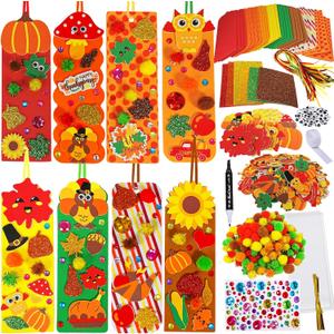 Winlyn 32 Sets Fall Crafts Kits DIY Fall Bookmarks Decorations Art Sets Maple Leaves Smile Face Owl Turkey Pumpkins Foam Stickers Arts and Crafts for Kids Thanksgiving Halloween Classroom Activities