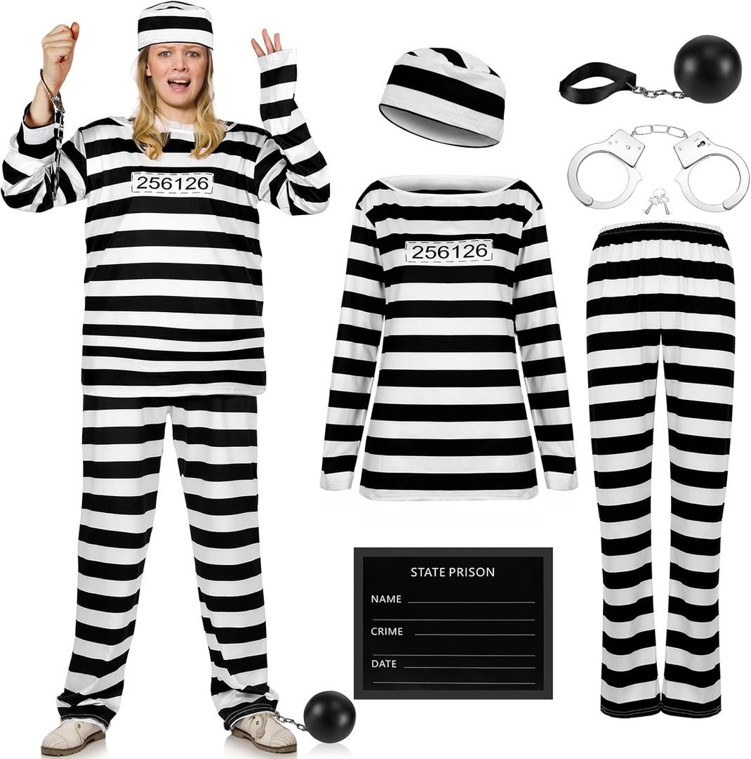 Eurzom 6 Pcs Prisoner Costume Women Striped Jail Adult Inmate Men Convict Costume for Halloween Party (Large)