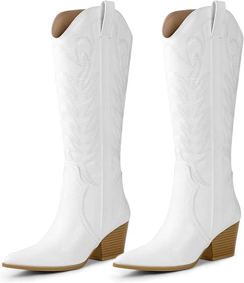Arromic Cowboy Boots for Women Comfortable Womens Embroidered Western Cowgirl Knee High Boots Pointed Toe Zipper Chunky Heel Country Outfit Retro Tall Boots 9