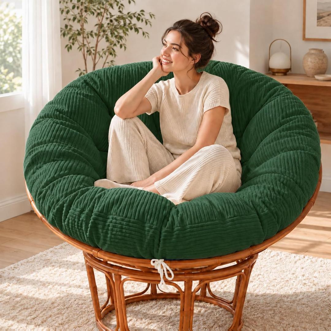 Indoor Papasan Chair Cushion with Corduroy Cover (Without Chair), Papasan Cushion with Hidden Zipper & Straps, 48 x 48 x7.8 Inch Round Overstuffed Papasan Supportive Cushion, Green