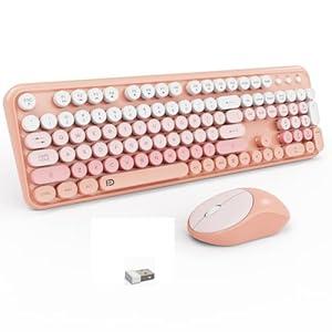 Wireless Keyboard and Mouse Combo, 105 Round Keys Full-Size Cute Colorful Pink Cordless Keyboard and Mouse with Retro Typewriter for PC/ Mac/ Laptop/ Tablet/ Computer/ Windows Pink
