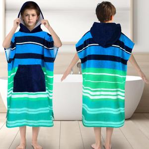 Surf Poncho Towel for Teens & Big Kids (8-14 Years,36"X26") | 100% Cotton Ultra-Absorbent Oversized Hooded Towel Robe with Pocket for Boys | Swim Cover-Up for Pool, Beach, Bath | Blue Striped Design