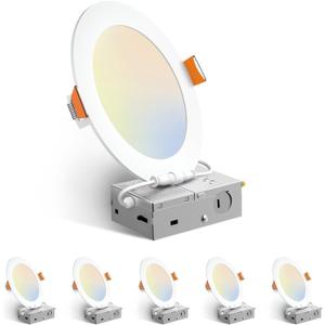 Amico 6 Pack 6 Inch 5CCT Ultra-Thin LED Recessed Ceiling Light with Junction Box, 2700K/3000K/3500K/4000K/5000K Selectable, 12W Eqv 110W 1050LM Brightness Dimmable Canless Wafer Downlight, ETL & FCC (White)