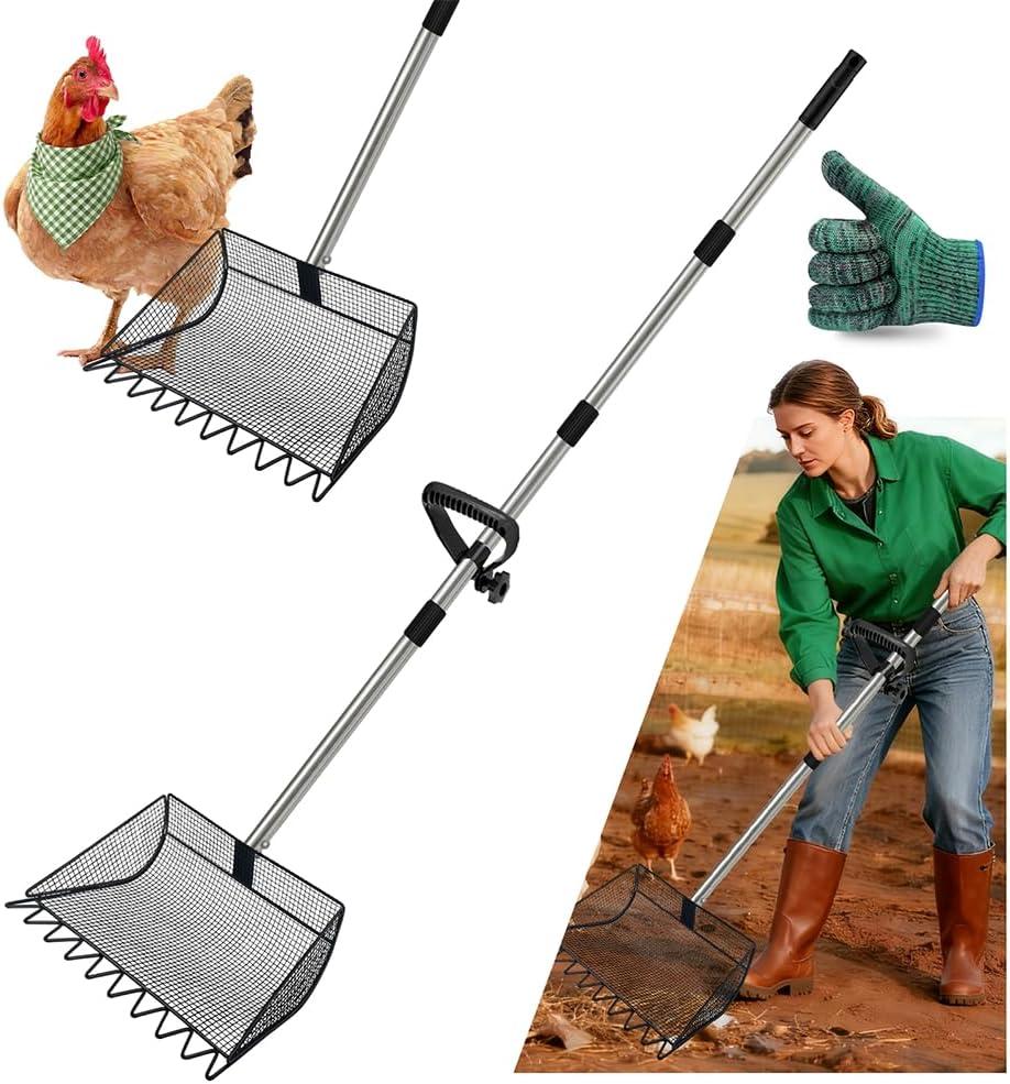2-in-1 Chicken Poop Scooper & Rake, 12 Inch Large Metal Shovel Head, Chicken Litter Scoop with Adjustable Handle for Chicken Coop & Pet Waste Cleaning (37 to 65"), US Patent Pending (Black)