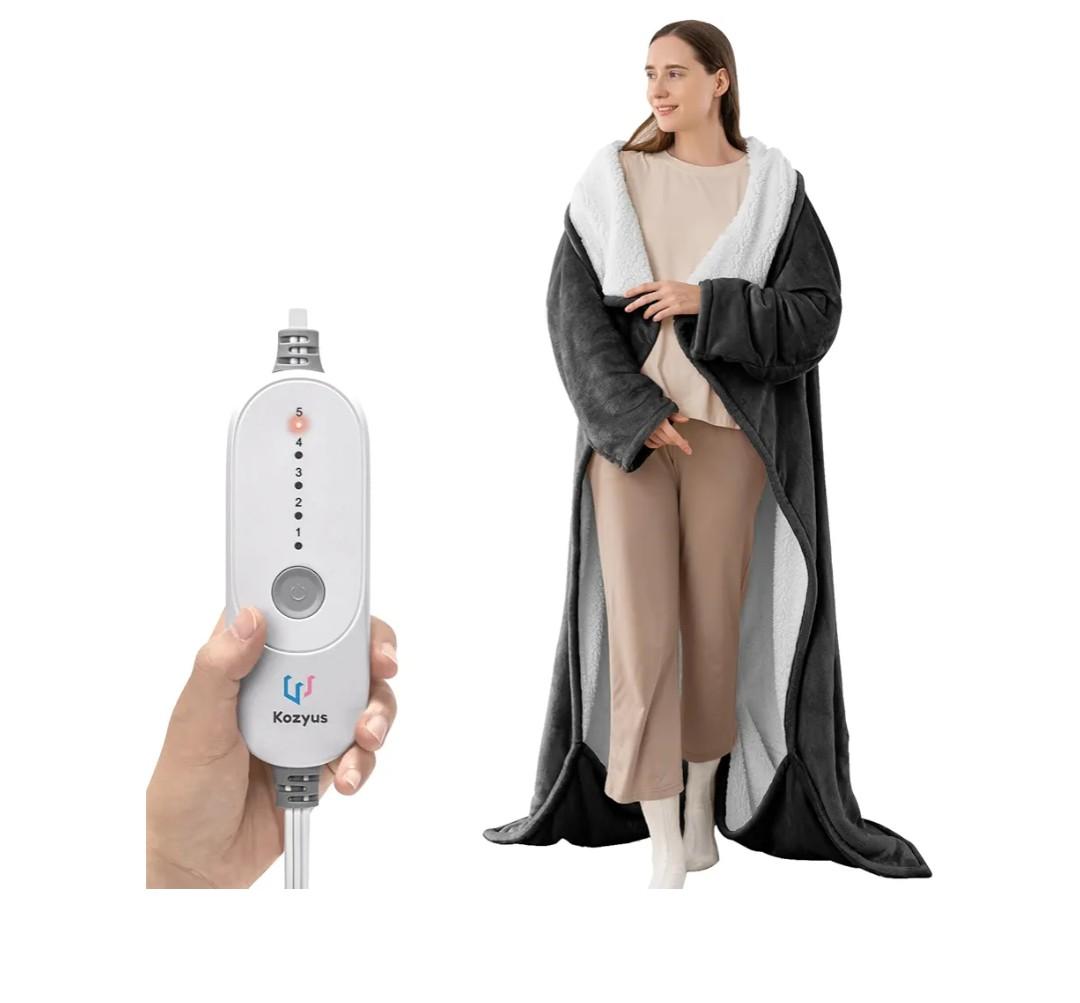 Wearable Heated Blanket with Foot Pocket & Sleeves, Electric Blanket Heated Robe for Women & Men, 5 Heat Settings, 3H Auto-Off, Machine Washable, ETL Certified, Gift-Ready, 50x70 Inches, Grey