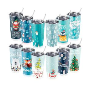 12-Pack 20oz Christmas Tumblers Bulk, Christmas Travel Mugs, Stainless Steel Insulated Water Bottle Cups with Lids & Straws for Xmas Holiday Families Coworkers Teachers Friends, Individually Packed